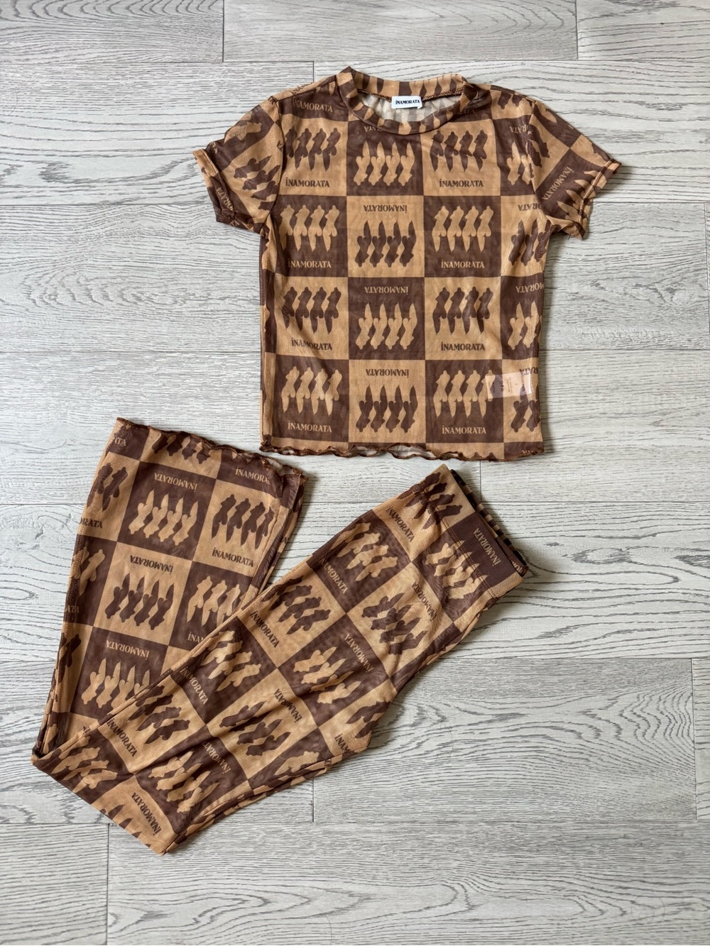iNAMORATA Brown Logo-Print Crop Tee & Legging Set